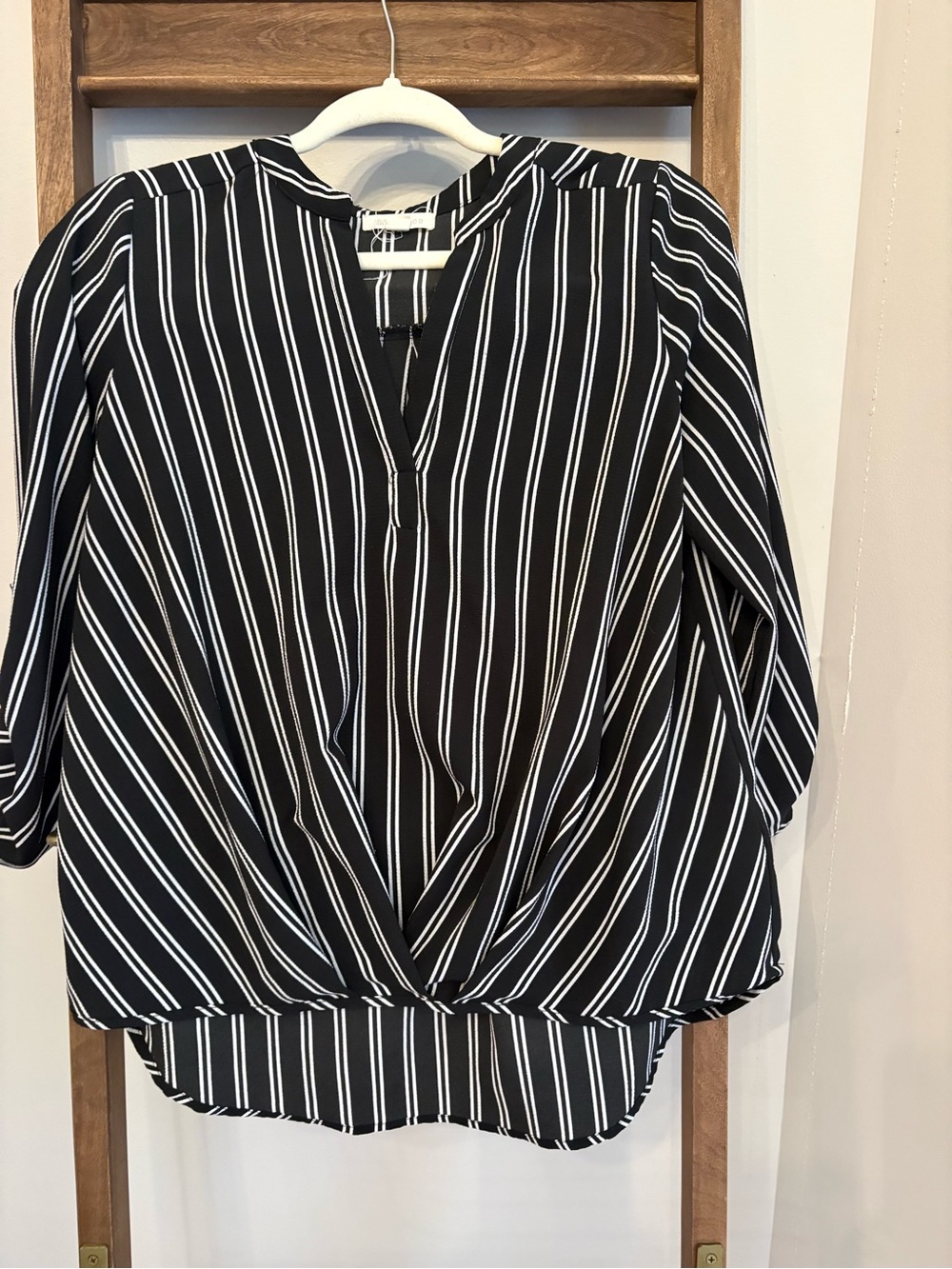 Striped Black V-Neck Twist-Front Women’s Blouse